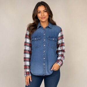 American Eagle Denim Plaid Mixed Media Shirt Womens M Blue Red Flannel Button up
